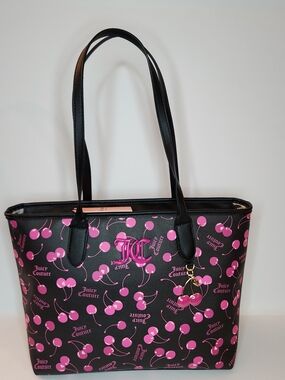 Juicy Couture Cherry On Top Black Tote with Pink Cherry Print and Charm NWT